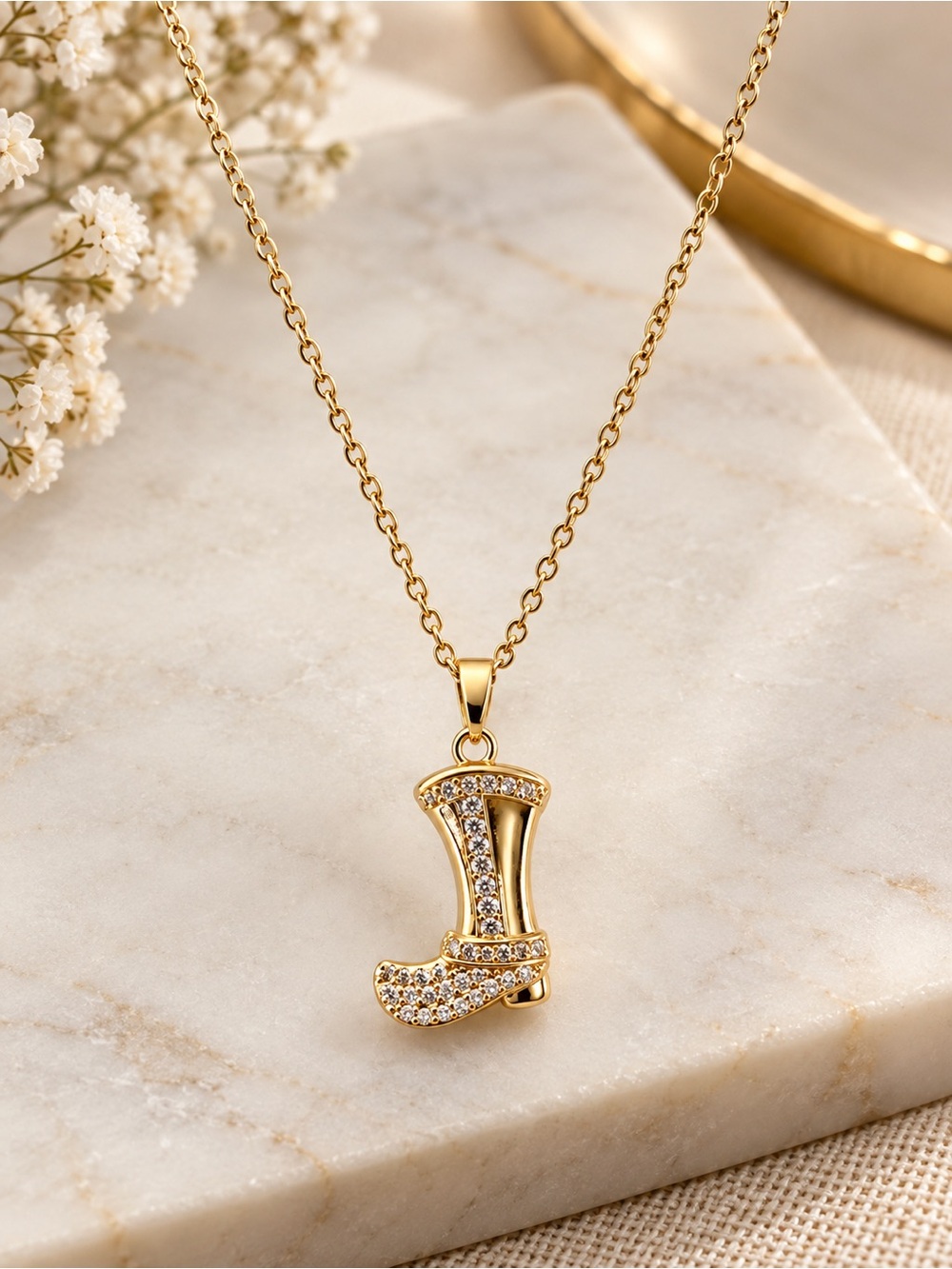 Gold Rhinestone Cowboy Boot Pendant Necklace Western Cowgirl Boho